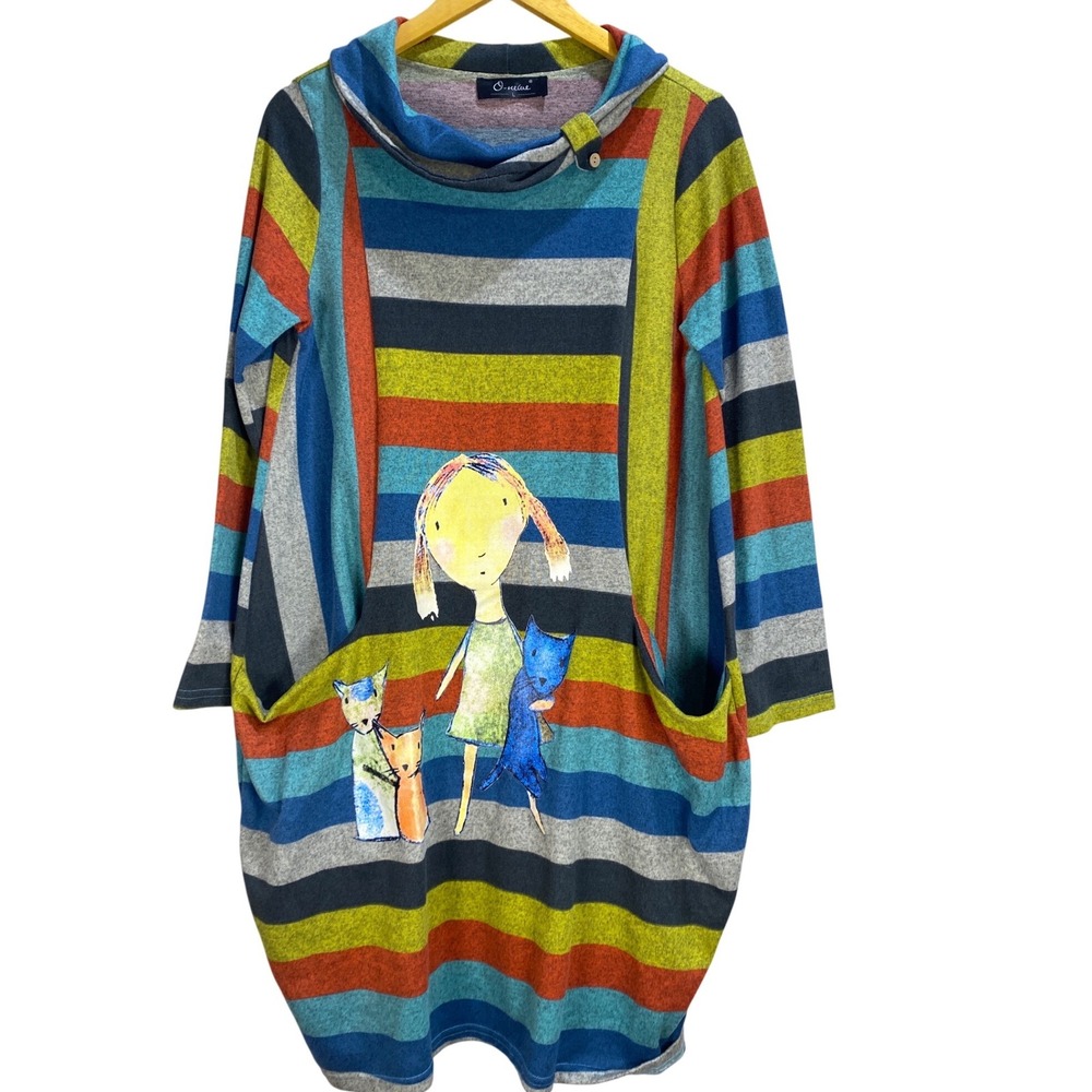Striped Cat Graphic Womens Tunic Dress Pockets Multi-Color Large Cozy Artsy Cute